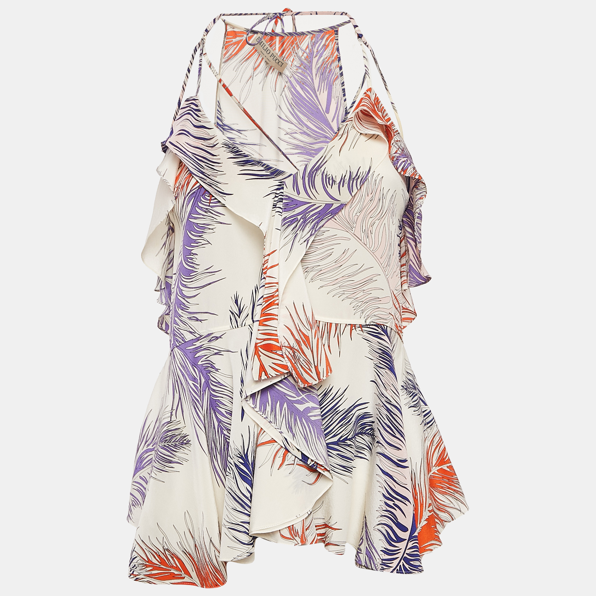 

Emilio Pucci White Printed Silk Ruffled Strappy Top S