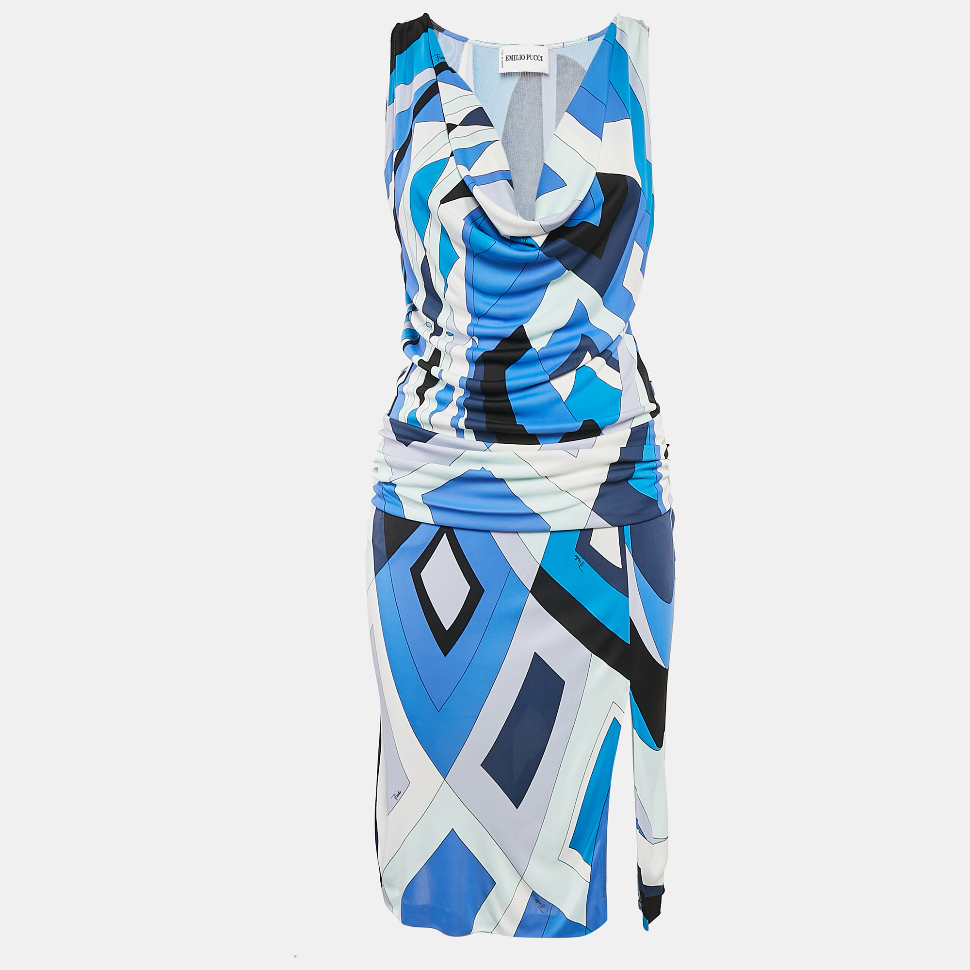 

Emilio Pucci Blue Printed Jersey Cowl neck Midi Dress M