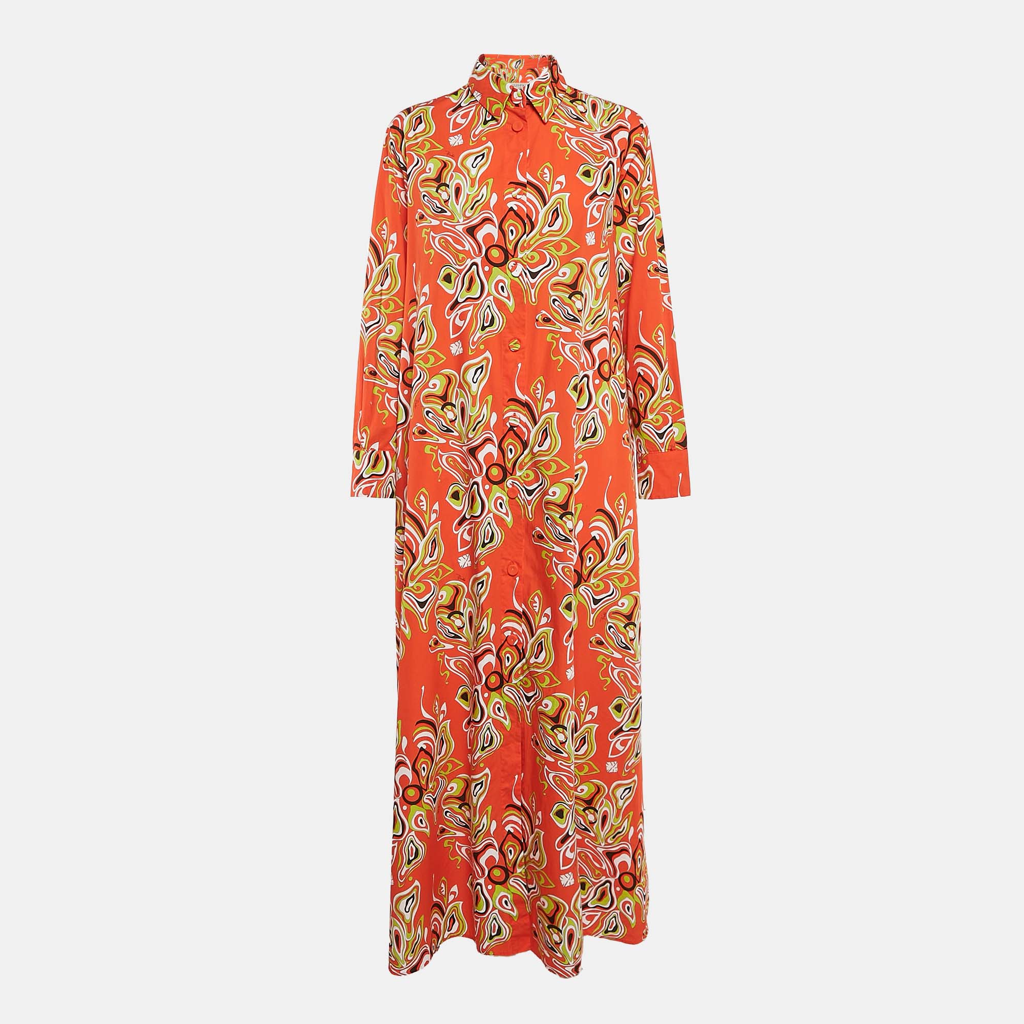 

Emilio Pucci Orange Printed Cotton Button Front Maxi Dress M