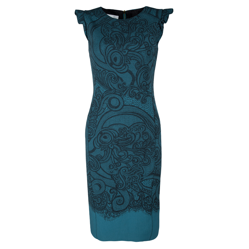 Pre Owned Emilio Pucci Blue Paisley and Net Print Ruffled Sleeve Wool Dress S