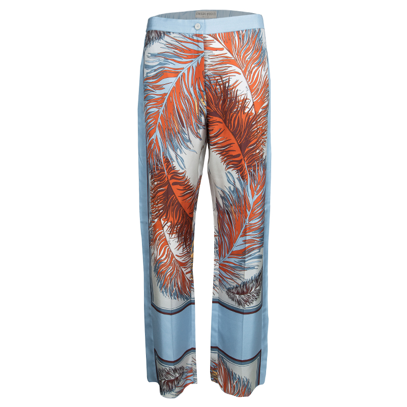 مملوكة مسبقًا Emilio Pucci Blue Feather Printed Silk Wide Leg Pants M