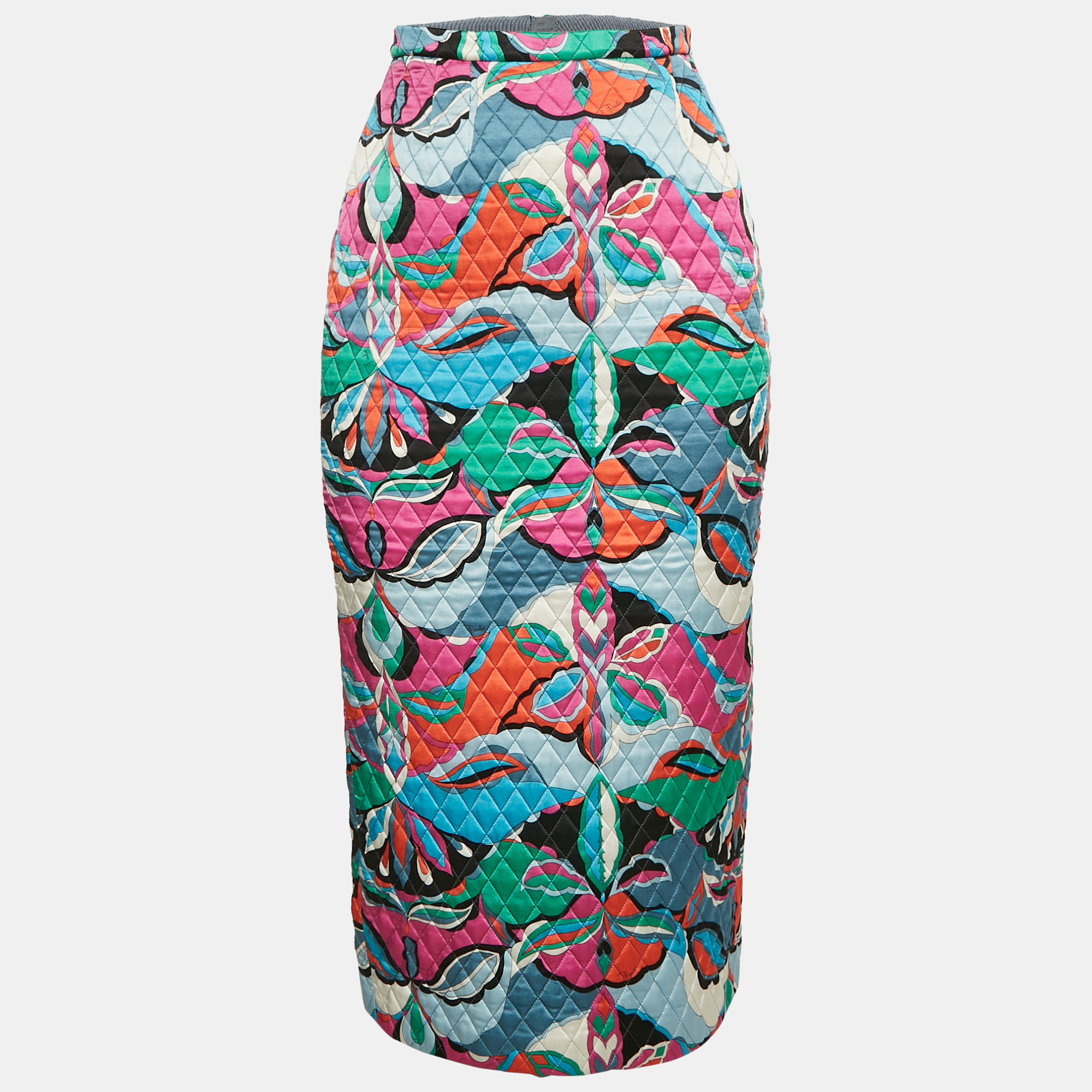 

Emilio Pucci Pink/Blue Printed Satin Silk Quilted Pencil Skirt S