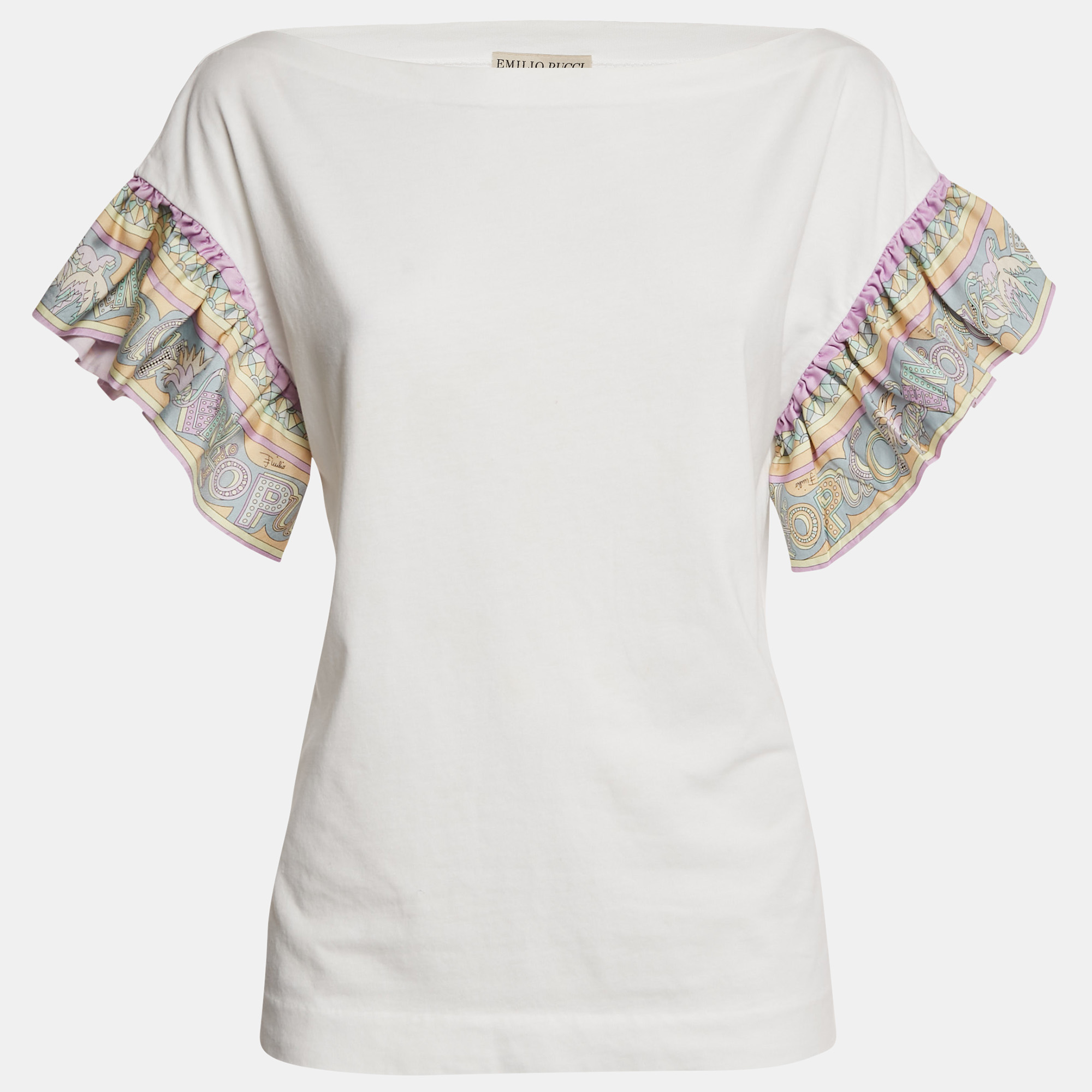 

Emilio Pucci White Jersey Printed Silk Ruffled Sleeve T-Shirt M