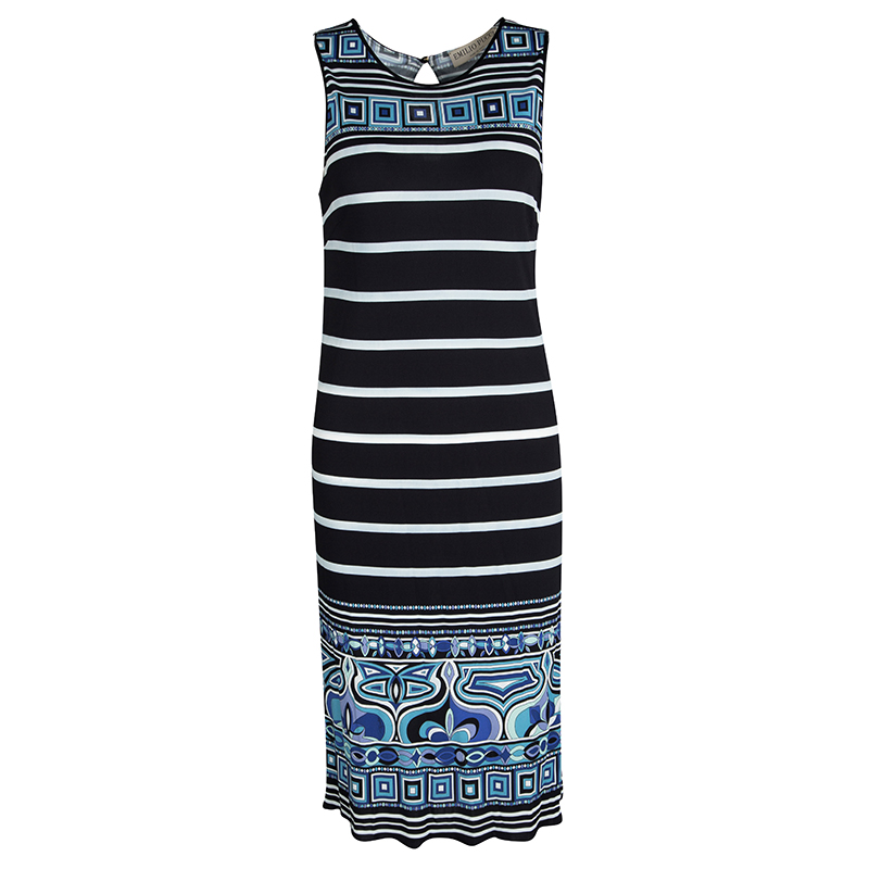 مملوكة مسبقًا فستان إيميليو بوتشي بلا أكمام تريكو مخطط مطبوع أسود M