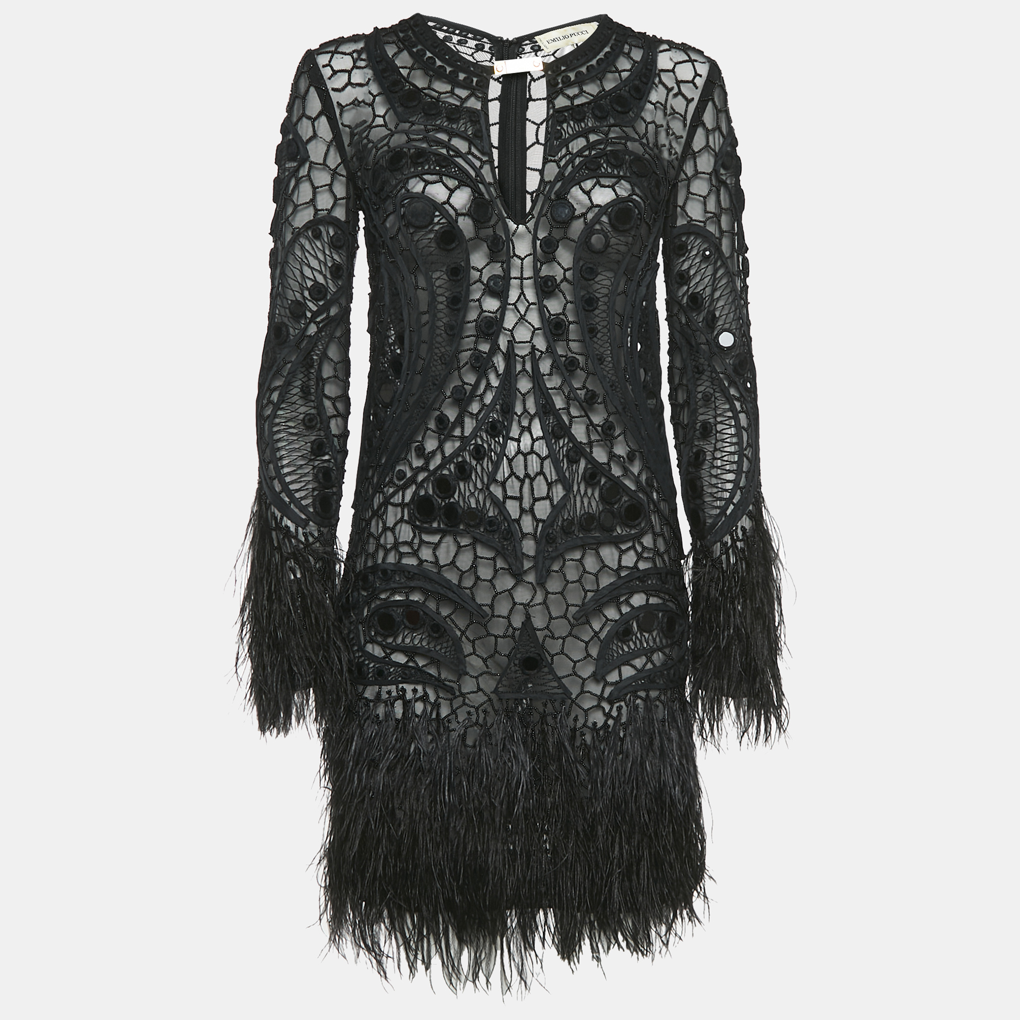 

Emilio Pucci Black Embellished Mesh Feather Detail Mini Dress L