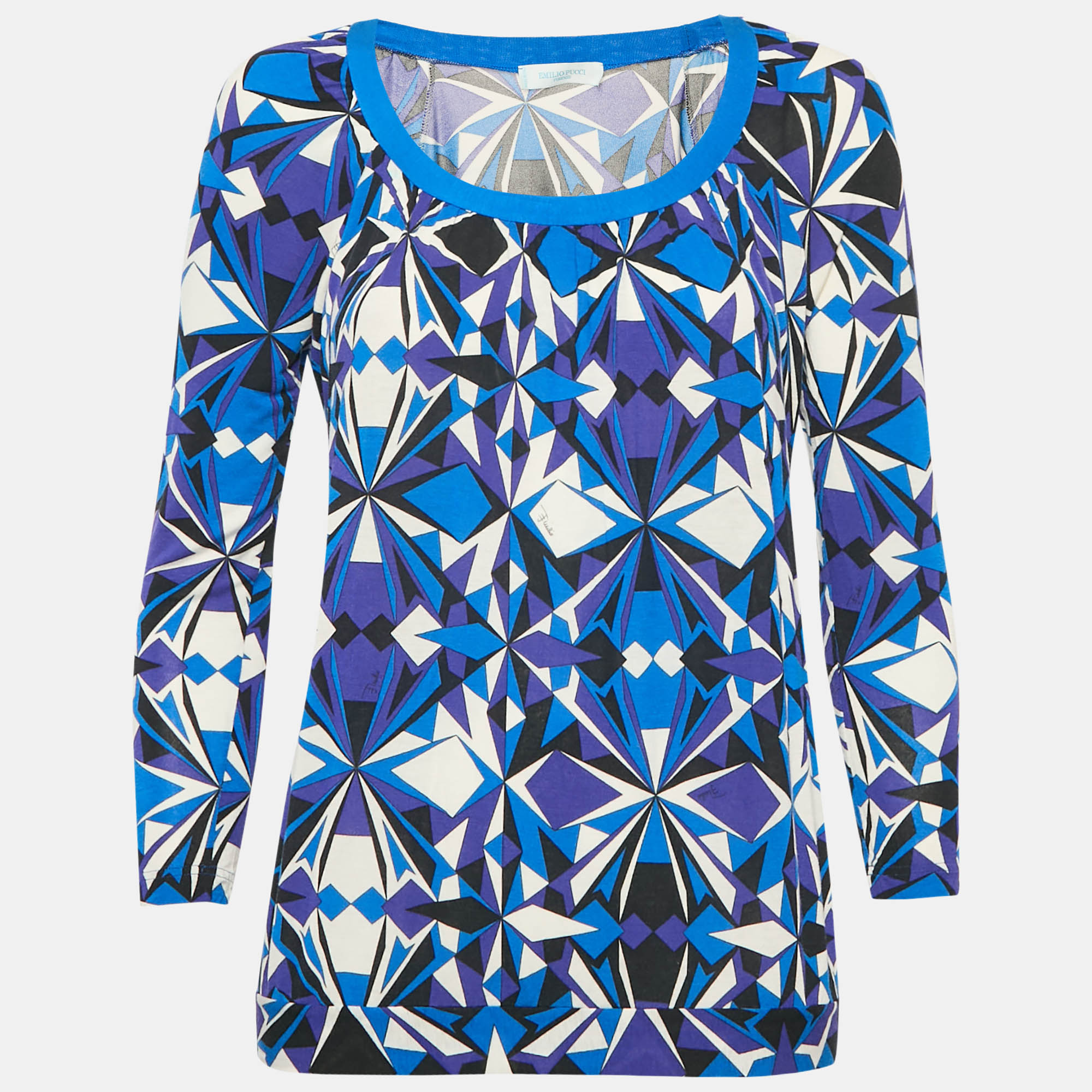 

Emilio Pucci Blue Printed Jersey Round Neck Long Sleeve Top S