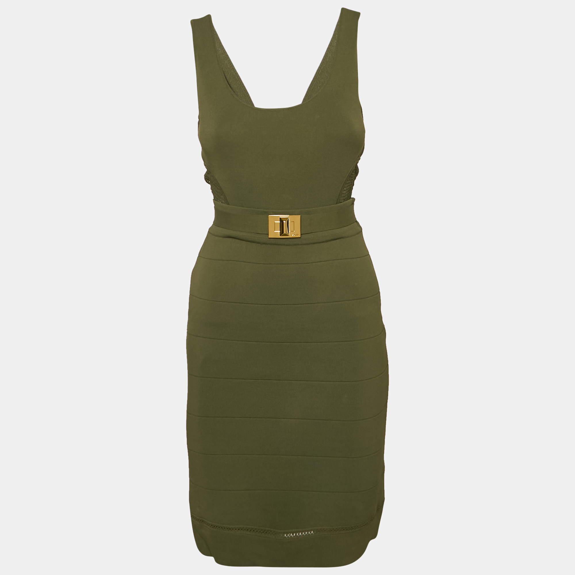 

Emilio Pucci Olive Green Jersey Crochet Detail Sleeveless Short Dress M