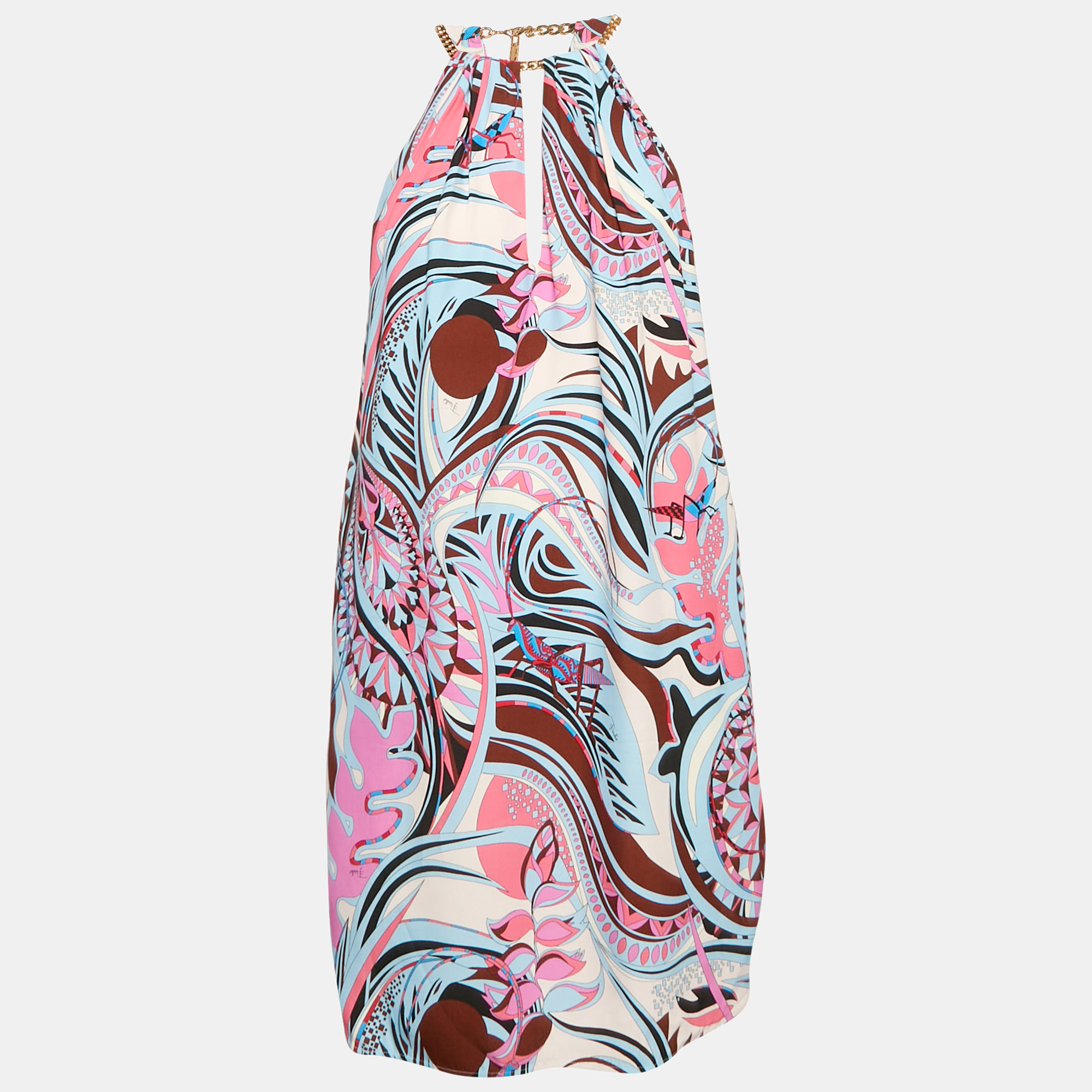 

Emilio Pucci Pink/Blue Fluilio Print Crepe Chain Strap Mini Dress M