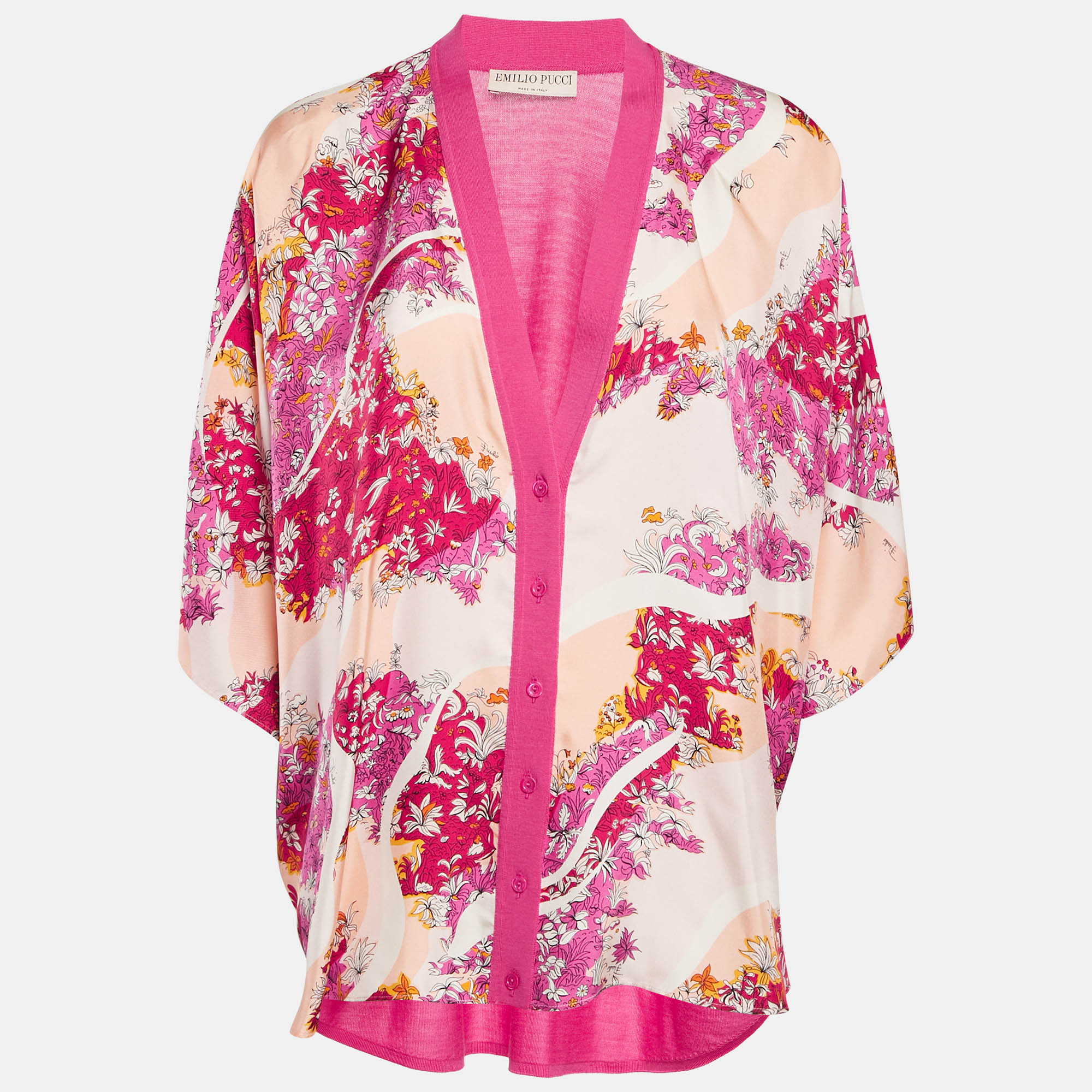 

Emilio Pucci Pink Printed Silk Wool Short Sleeve Cardigan L