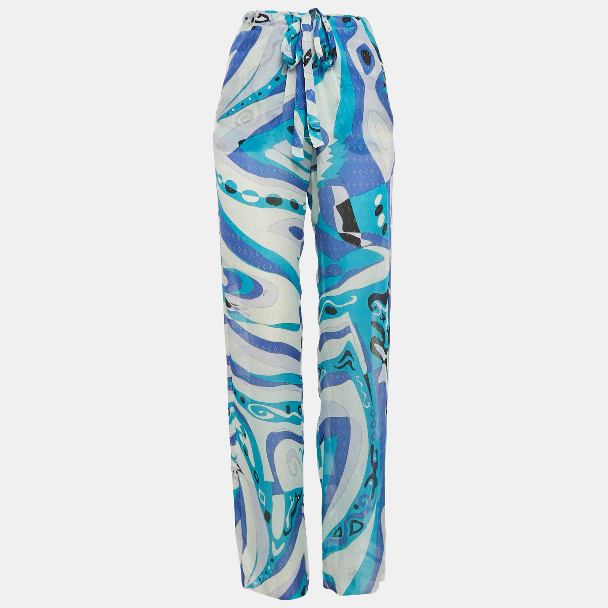Pre-owned Pucci Blue Printed Silk Semi Sheer Trousers M