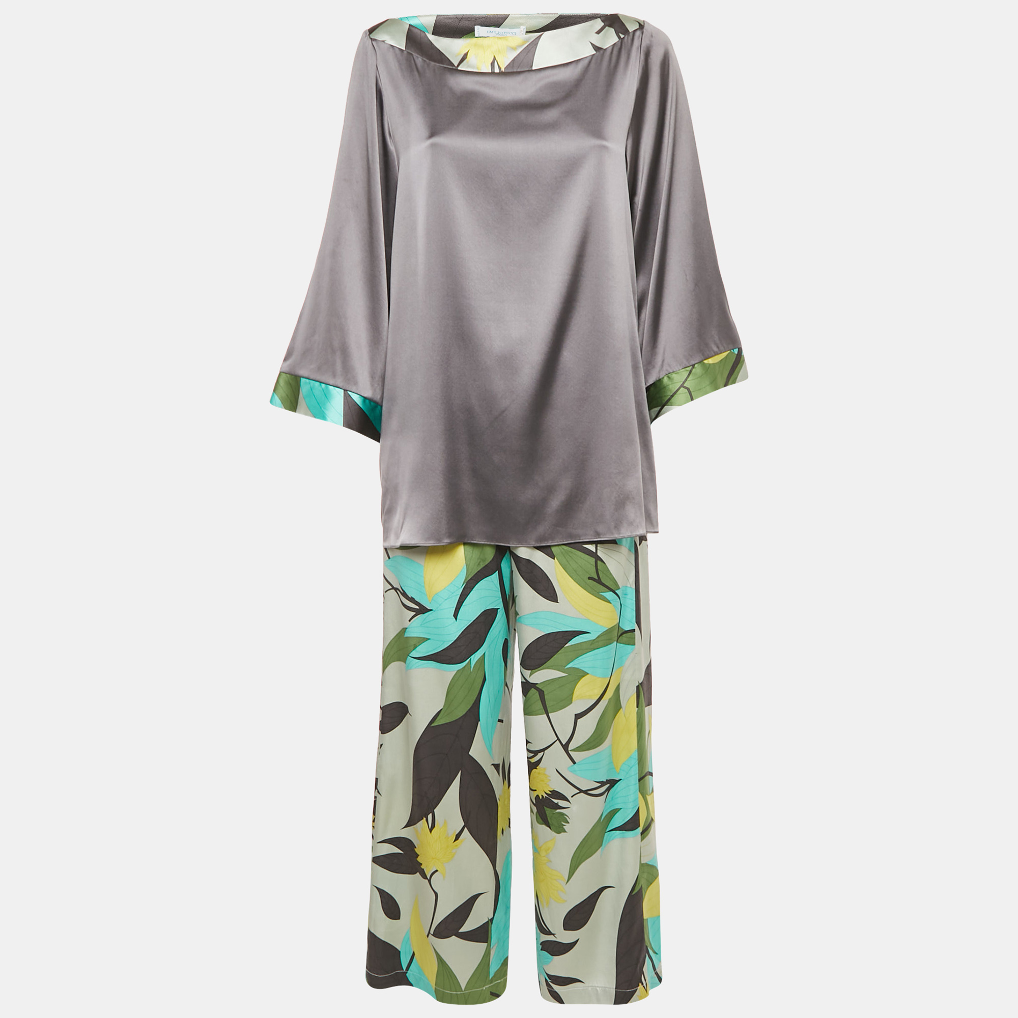

Emilio Pucci Grey/Multicolor Printed Satin Silk Top and Pants Set M/S