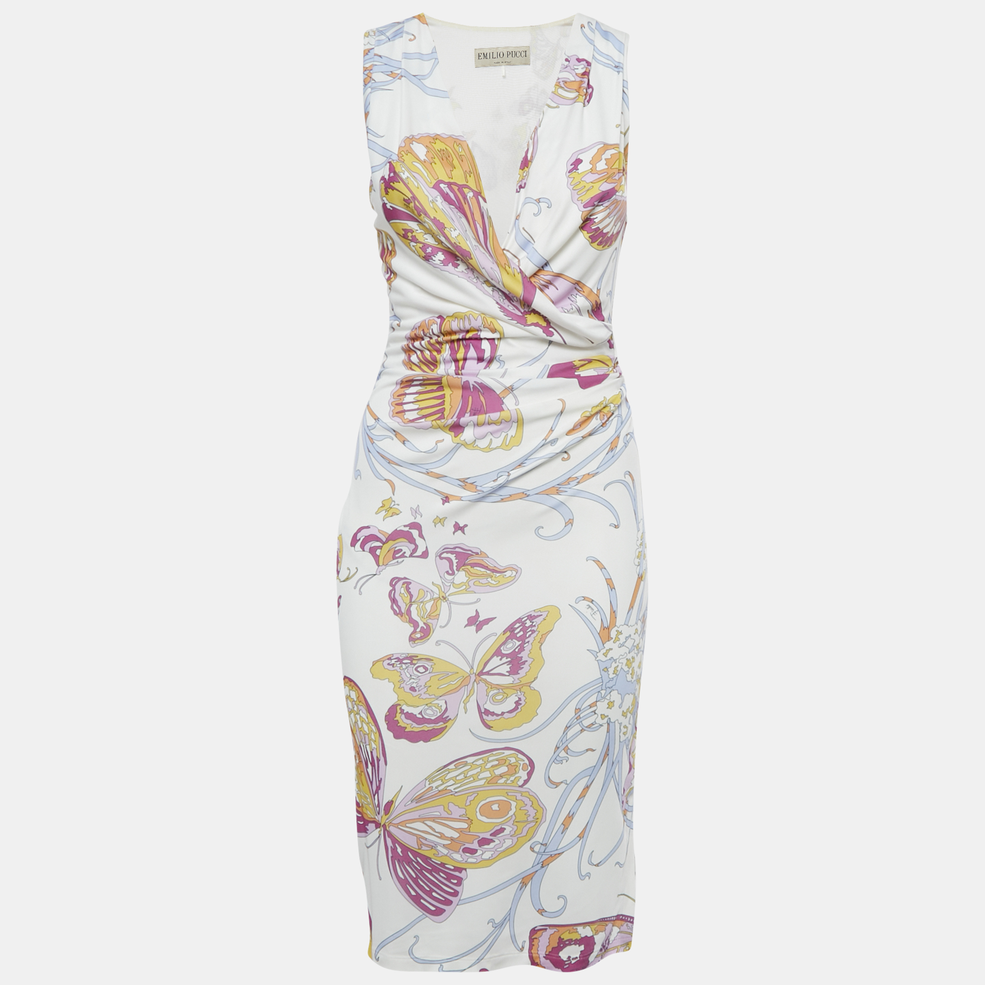 Pre-owned Pucci White Printed Jersey Draped Sleeveless Midi Dress S