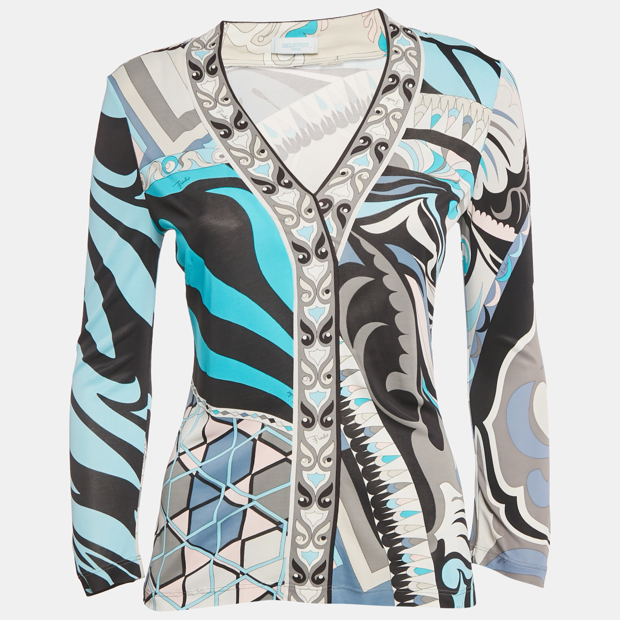 Pre-owned Pucci Multicolor Printed V Neck Jersey Blouse M