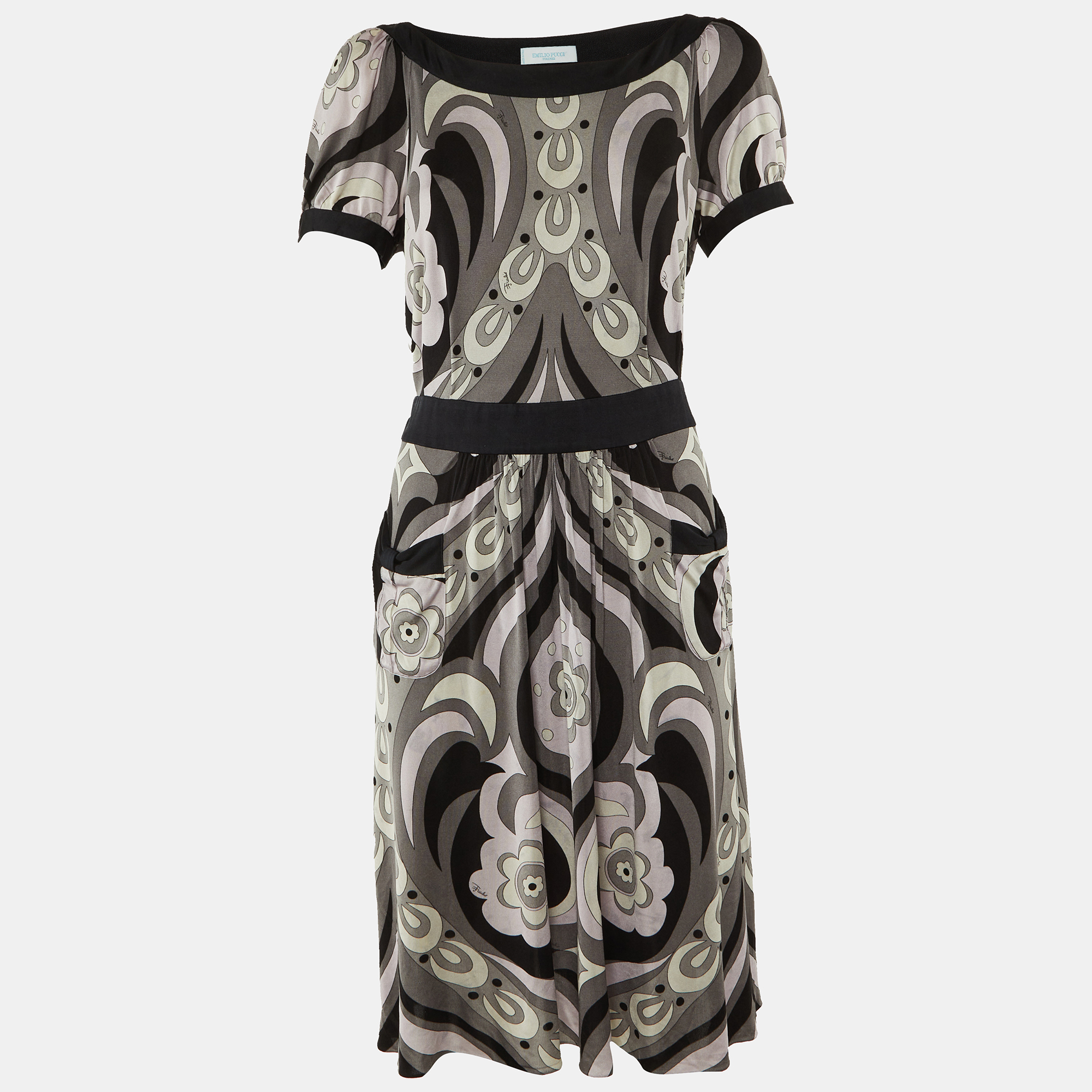 

Emilio Pucci Grey/Multicolor Printed Silk Knit Knee-Length Dress L