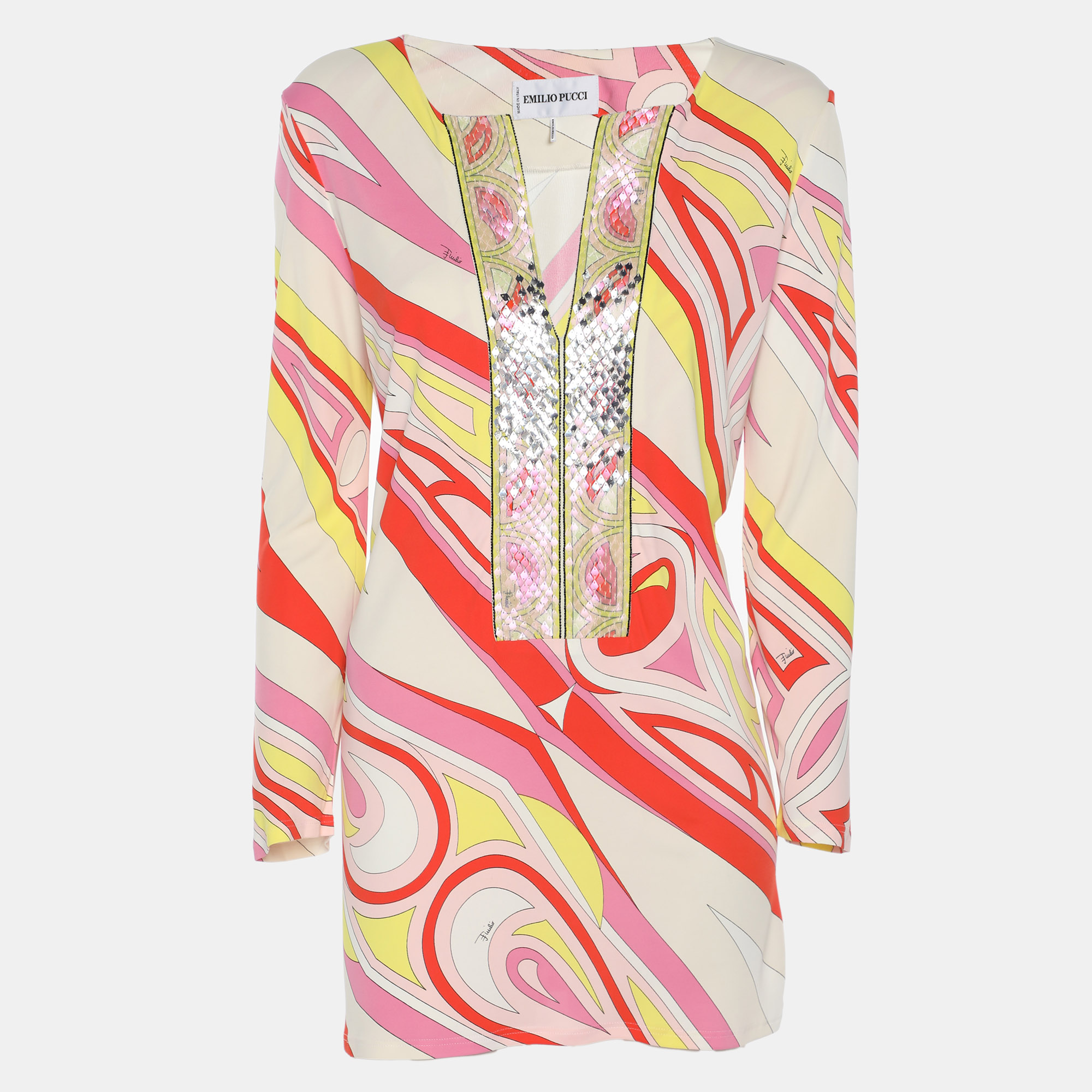 Pre-owned Pucci Multi Printed Stretch Knit Long Sleeve Top L