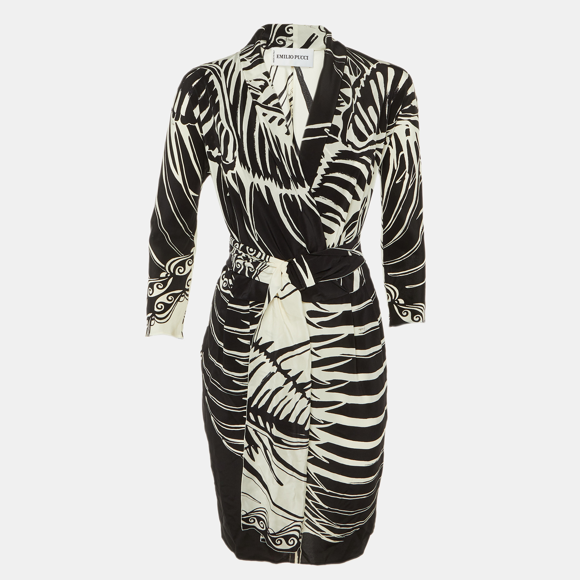 Pre-owned Pucci Monochrome Abstract Print Silk Belted Midi Dress M In Black