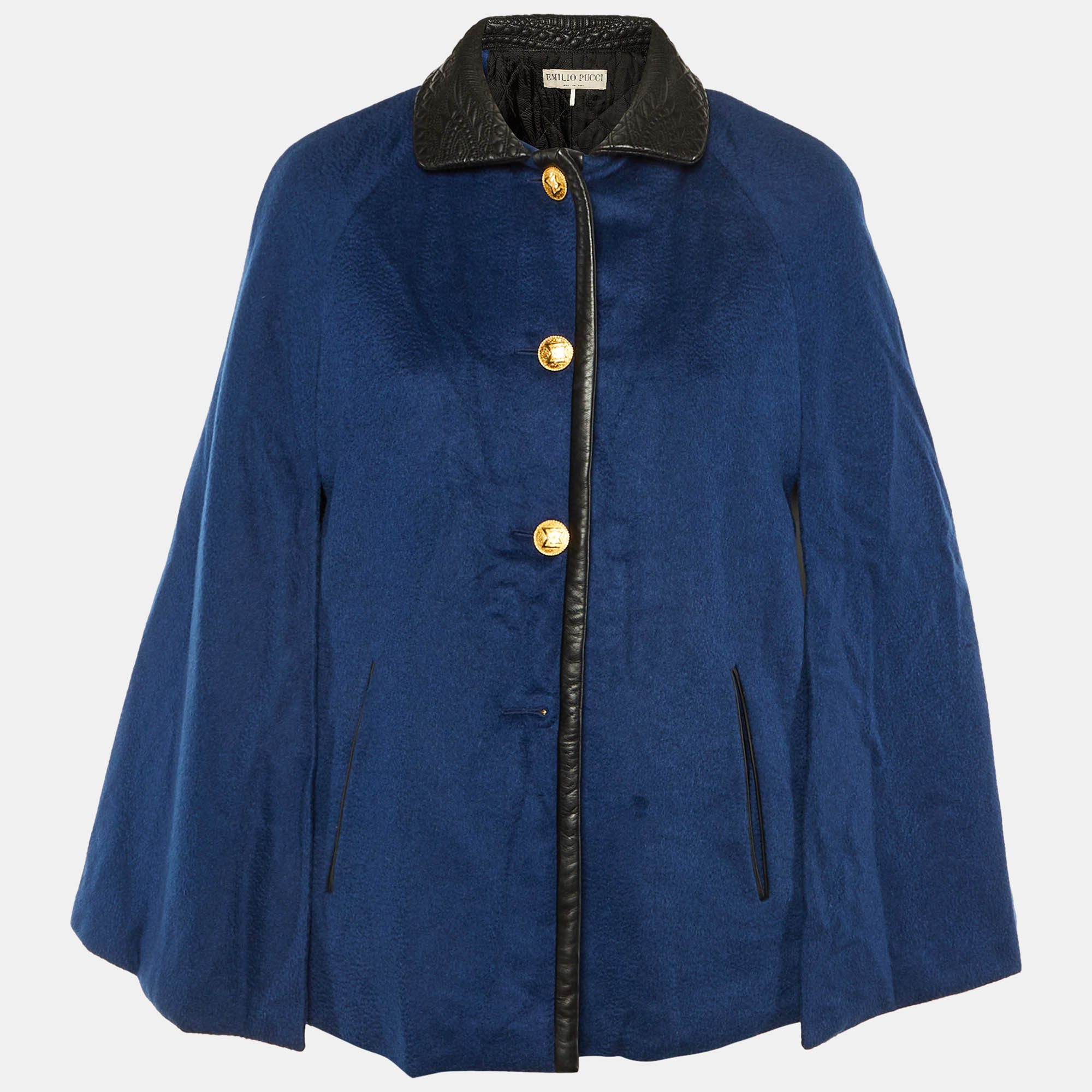 Pre-owned Pucci Blue Camel Hair Leather Trim Cape M