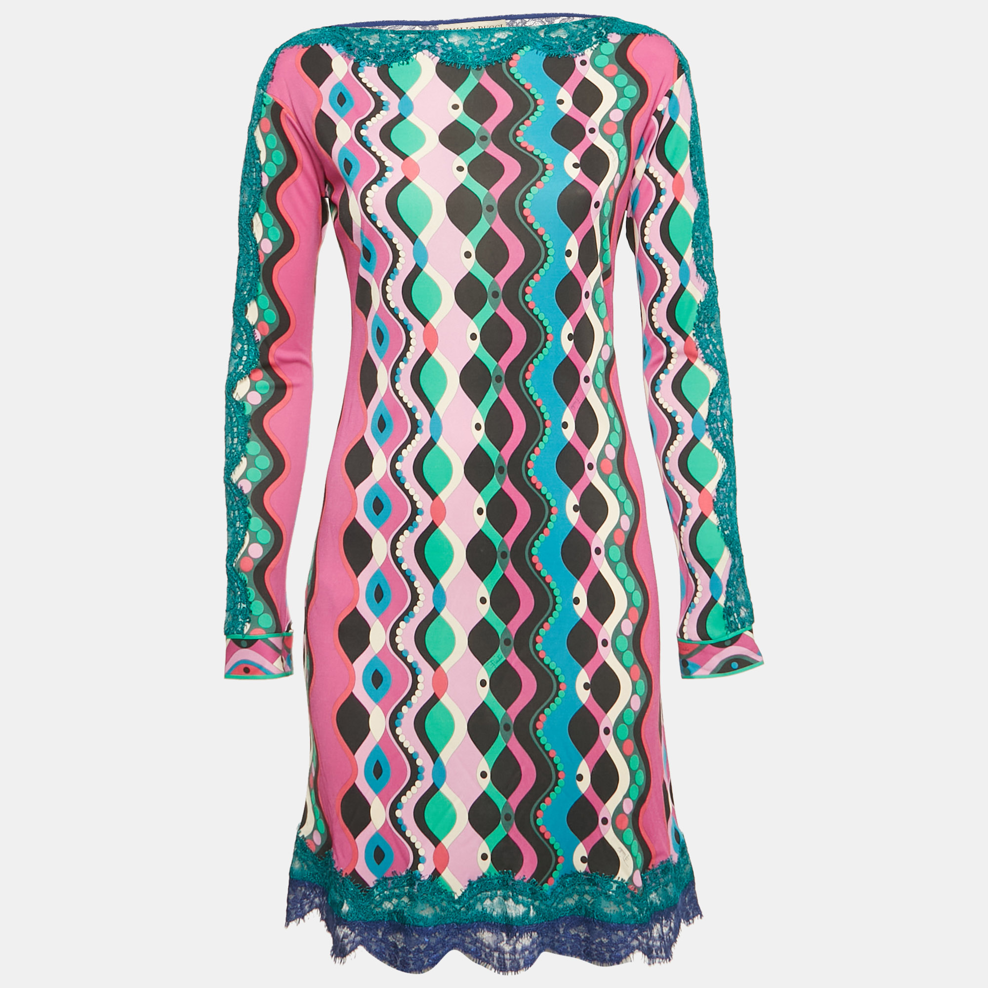 

Emilio Pucci Multicolor Printed Jersey Lace Detail Mini Dress M