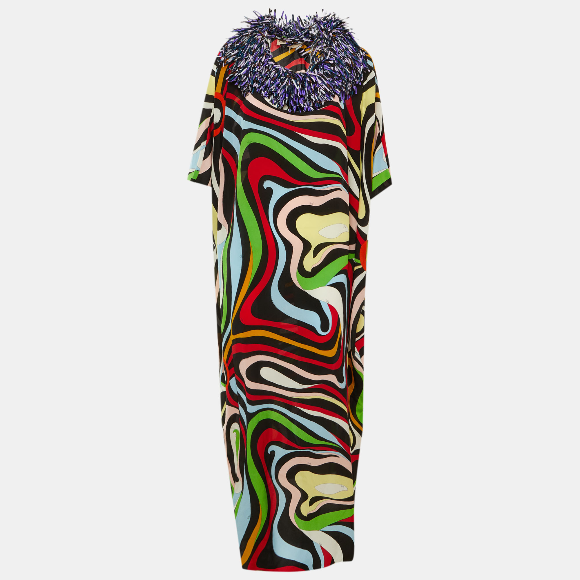 

Emilio Pucci Multicolor Printed Silk Fringe Detail Kaftan Dress