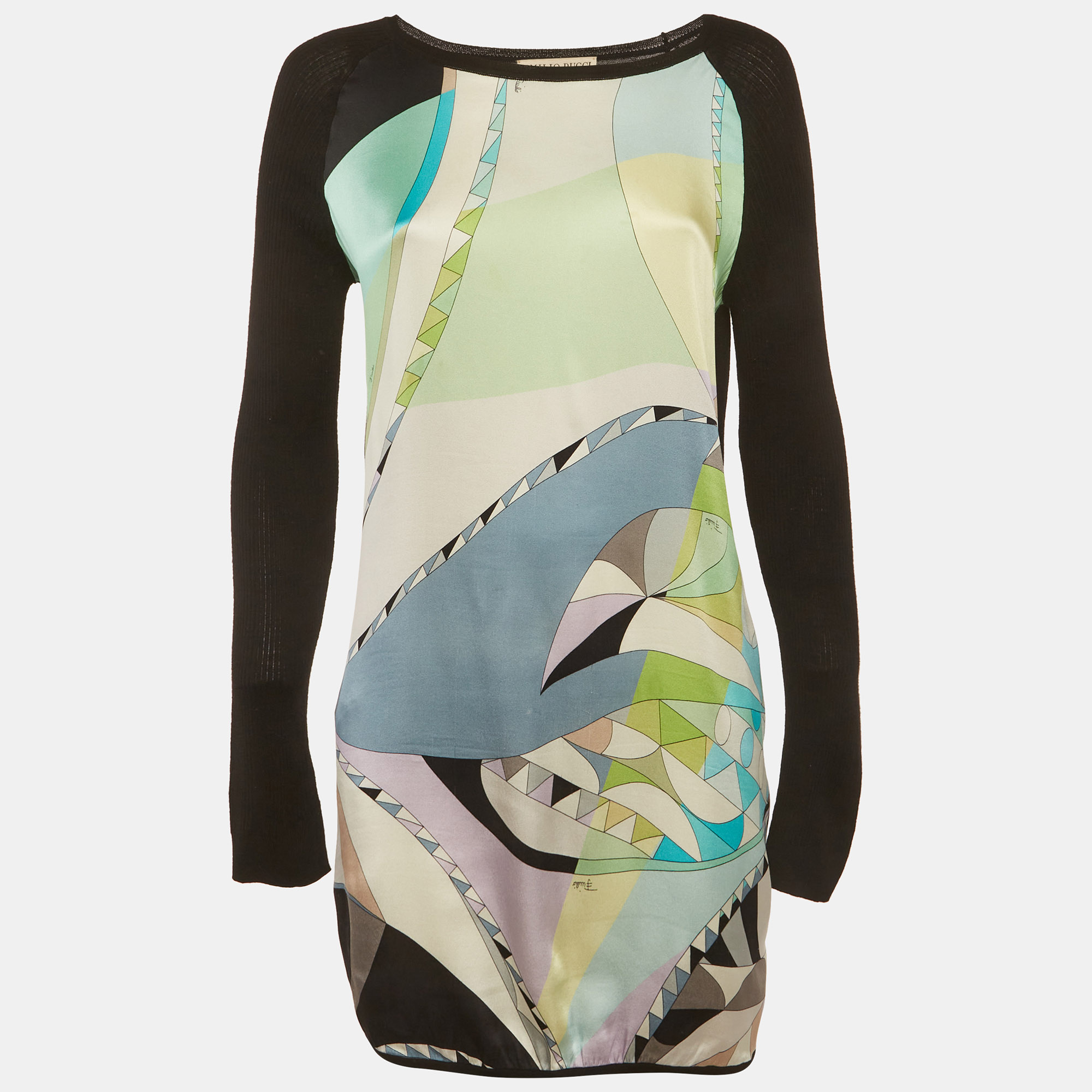 Pre-owned Pucci Green/black Printed Satin And Stretch Knit Mini Dress M