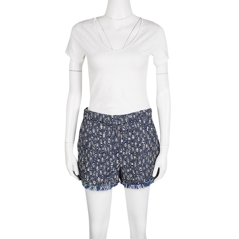 

Emilio Pucci Navy Blue and Whte Textured Fringed Bottom Shorts