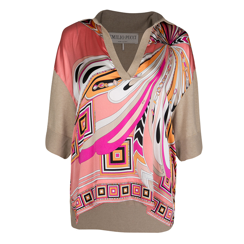 Pre Owned Emilio Pucci Multicolor Printed Silk and Wool Short Sleeve High Low Top S