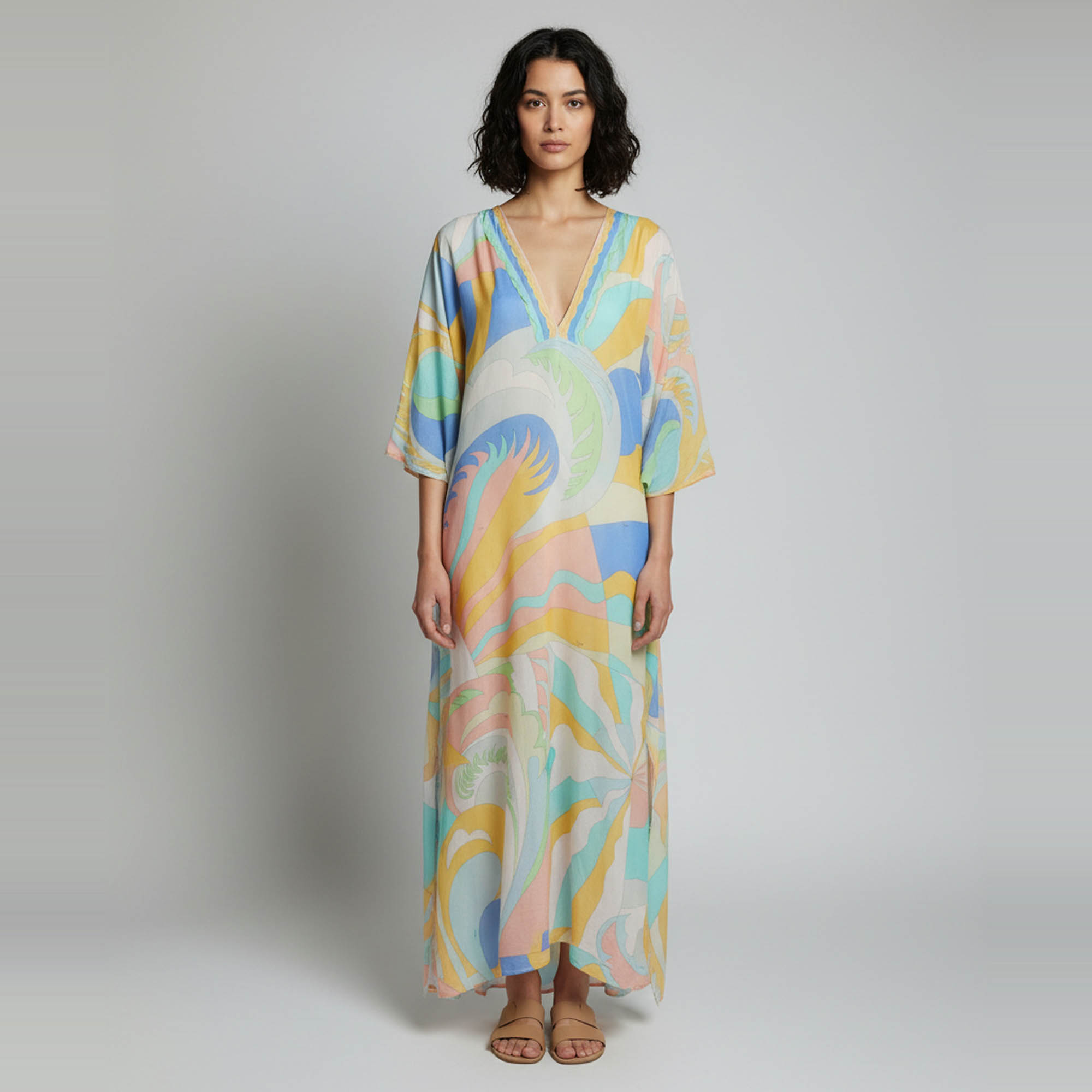 Pre-owned Pucci Pastel Multicolor 'miami' Print Silk Semi Sheer Belted Kaftan S