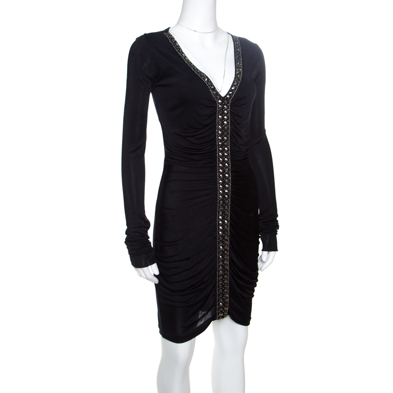 

Emilio Pucci Black Ruched Jersey Rhinestone Embellished Long Sleeve Dress