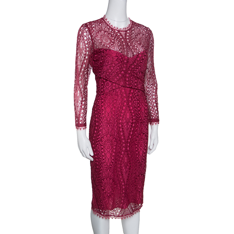 

Emilio Pucci Burgundy Floral Lace Scalloped Trim Draped Dress