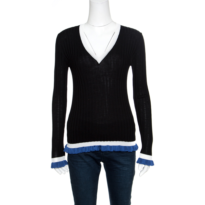 Pre Owned Emilio Pucci Black Ribbed Knit Contrast Ruffled Trim V-Neck Sweater M