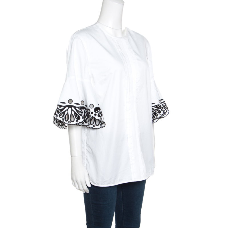 

Emilio Pucci White Cotton Sangallo Trim Pintuck Detail Blouse