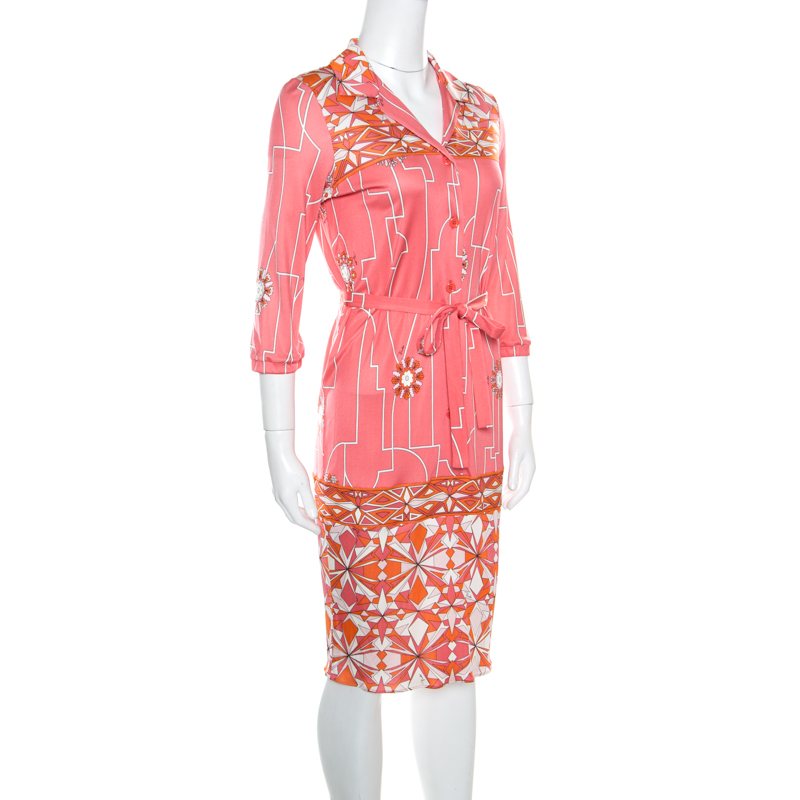 

Emilio Pucci Pink Printed Silk Belted Shirt Dress