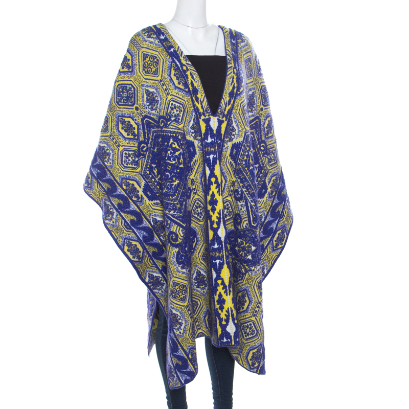 

Emilio Pucci Blue and Neon Yellow Patterned Jacquard Knit Poncho