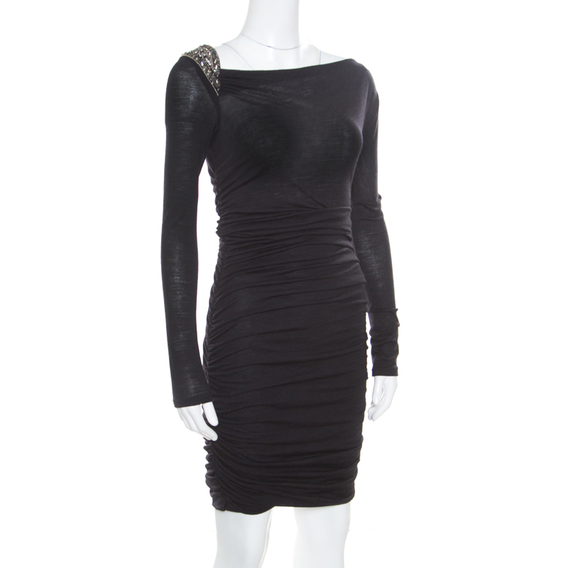 

Emilio Pucci Black Knit Embellished Shoulder Detail Ruched Long Sleeve Dress