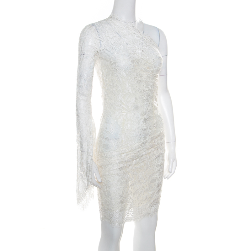 

Emilio Pucci White Floral Lace Scalloped Trim Ruched One Shoulder Dress