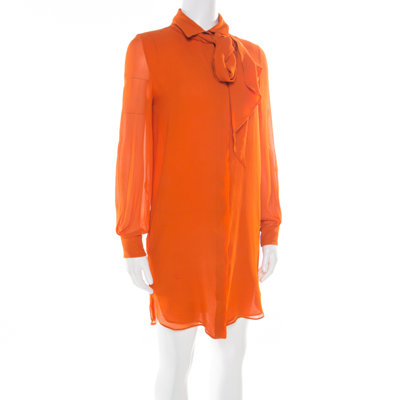 

Emilio Pucci Orange Silk Crepe de Chine Neck Tie Detail Shirt Dress