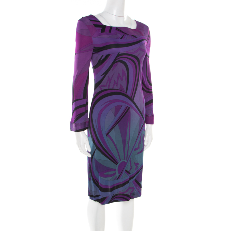 

Emilio Pucci Purple Printed Jersey Square Neck Long Sleeve Dress