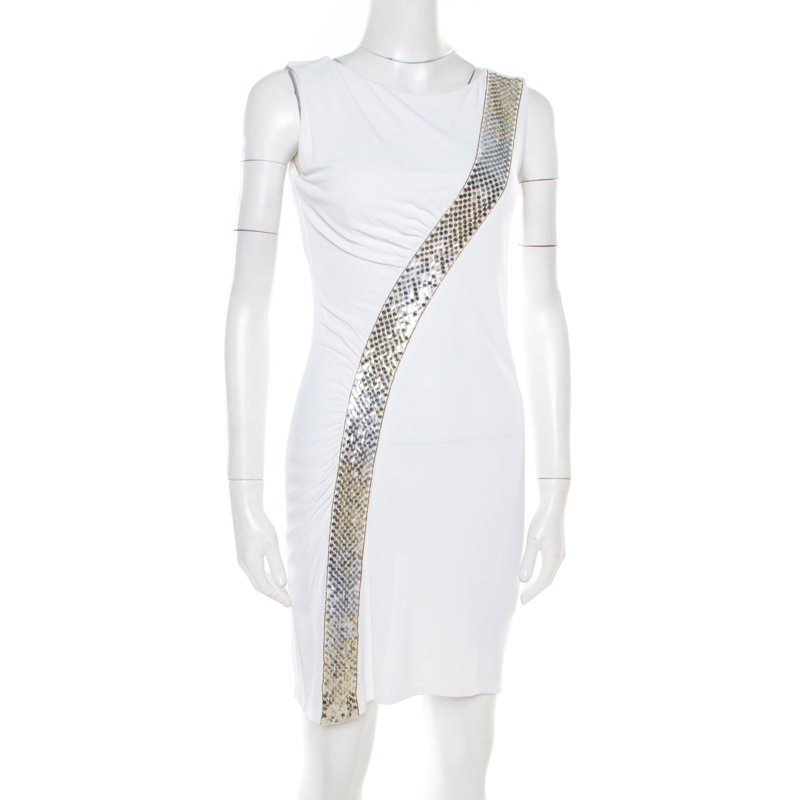 

Emilio Pucci Off White Sequin Embellished Ruched Sleeveless Dress