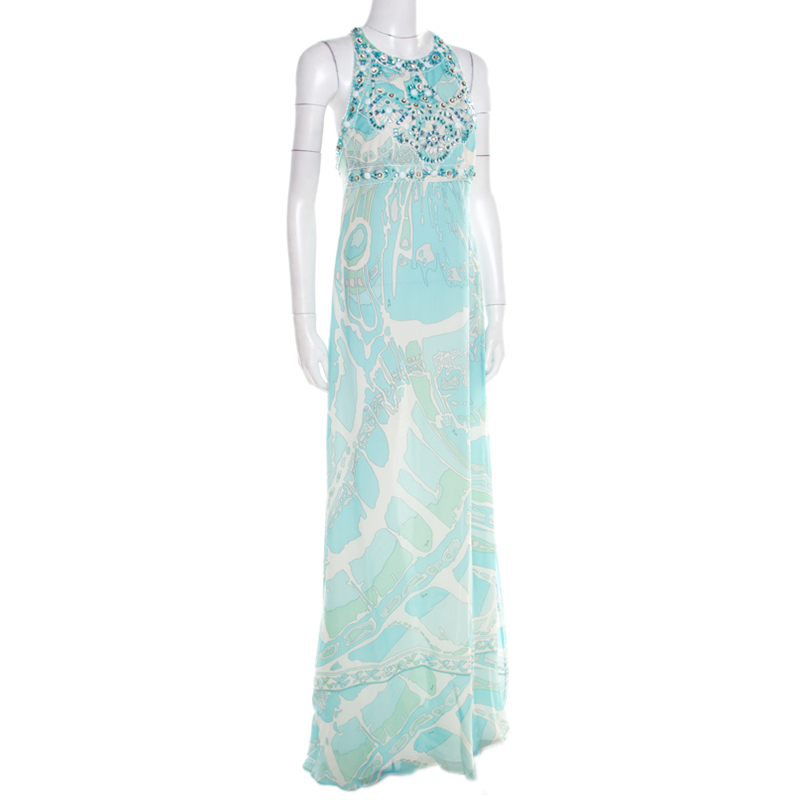 

Emilio Pucci Blue and White Embellished Silk Cutout Back Detail Maxi Dress