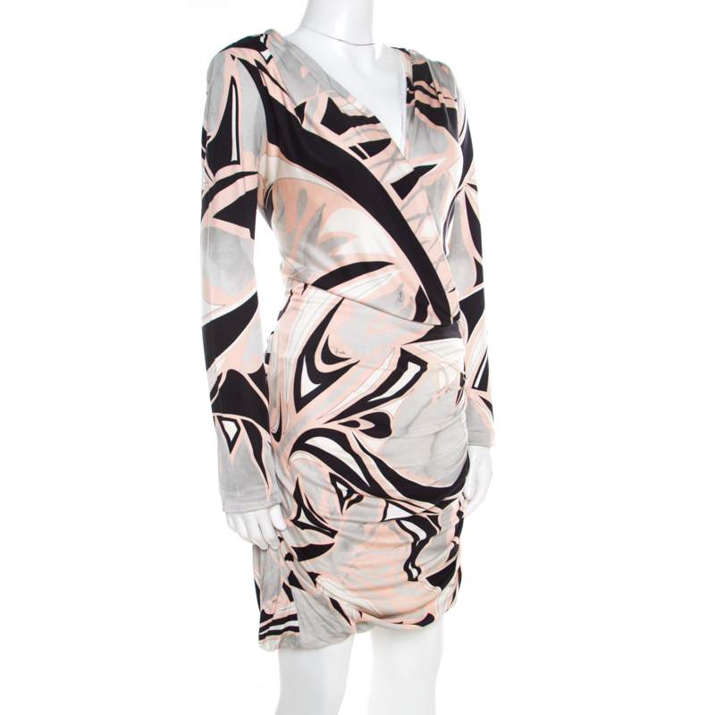 

Emilio Pucci Multicolor Printed Silk Jersey Draped Long Sleeve Dress