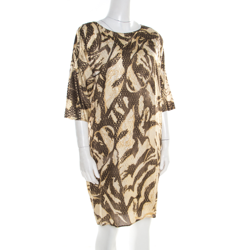 

Emilio Pucci Brown and Beige Foil Printed Silk Long Sleeve Dress
