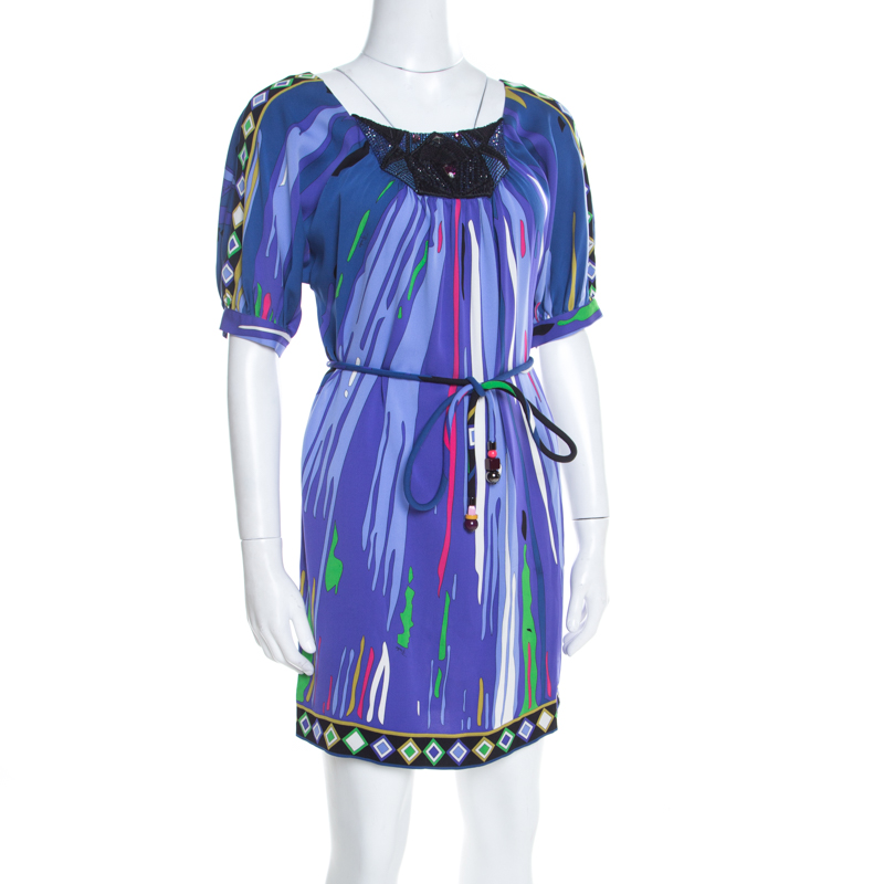 

Emilio Pucci Multicolor Printed Silk Embellished Belted Shift Dress