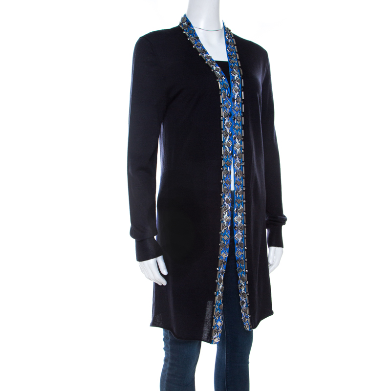 

Emilio Pucci Navy Blue Embellished Trim Long Sleeve Cardigan