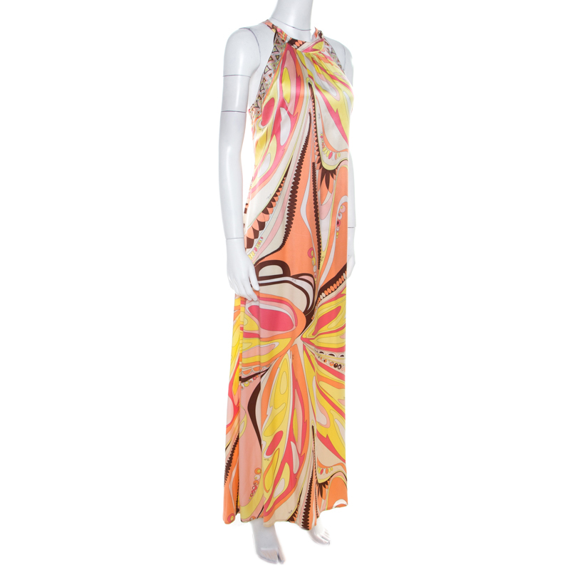 

Emilio Pucci Firenze Multicolor Abstract Print Silk Maxi Halter Dress