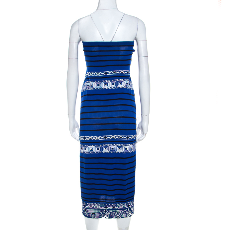 Pre-owned Emilio Pucci Blue Knit Aztec Pattern Strapless Dress S
