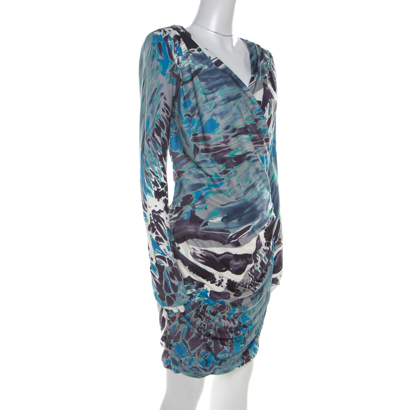 

Emilio Pucci Multicolor Printed Silk Jersey Draped Long Sleeve Dress