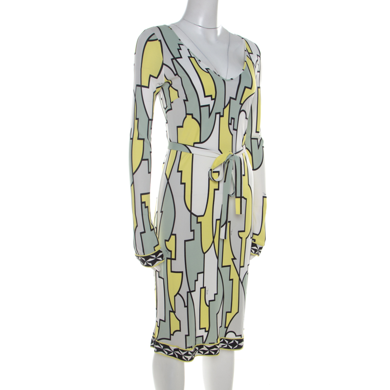 

Emilio Pucci Multicolor Geometric Printed Silk Jersey Belted Dress
