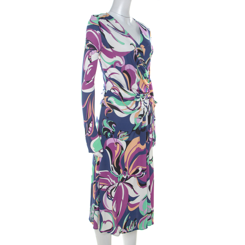 

Emilio Pucci Multicolor Floral Print Stretch Jersey Faux Wrap Aruba Dress