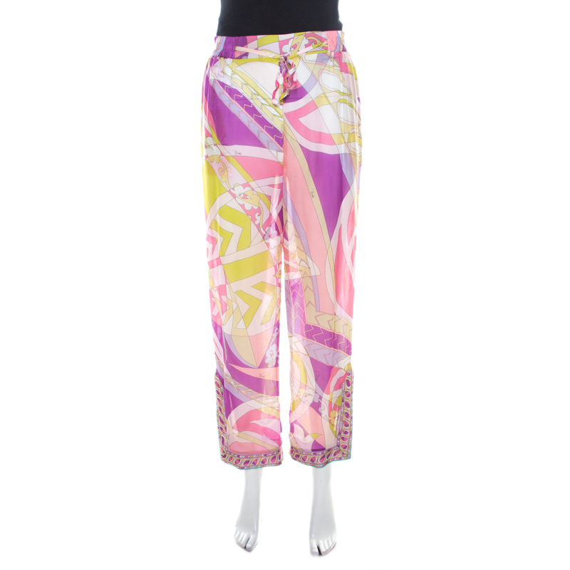 Emilio Pucci Multicolor Abstract Print Sheer Silk Elasticized Waist Trousers S