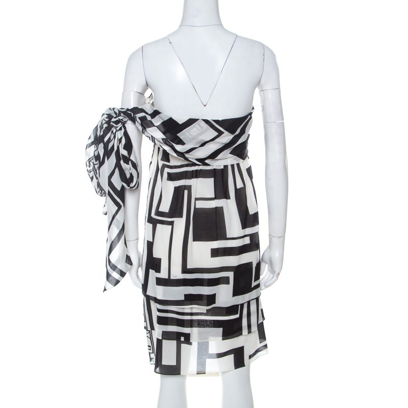 Pre-owned Emilio Pucci Monochrome Silk Chiffon Strapless Short Dress M In White